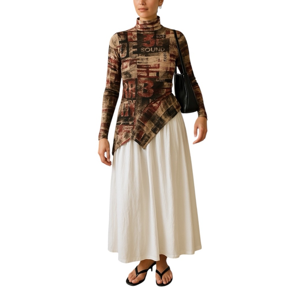 Vintage top asymmetrical graphic top size L tan black red